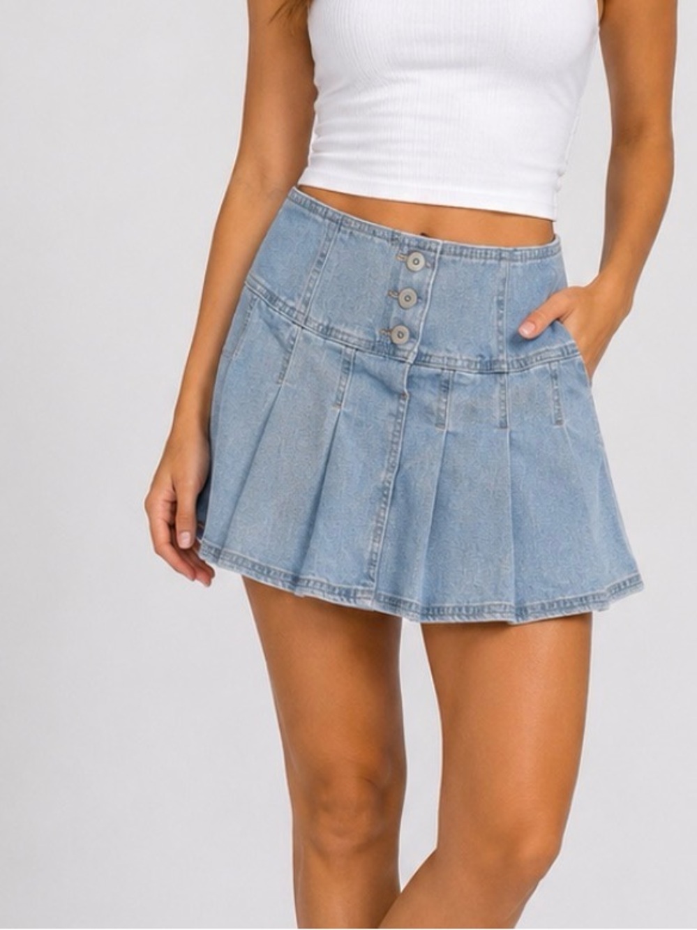 No Boundaries Light Blue Denim Pleated Mini Skirt SZ 3/5 high waist